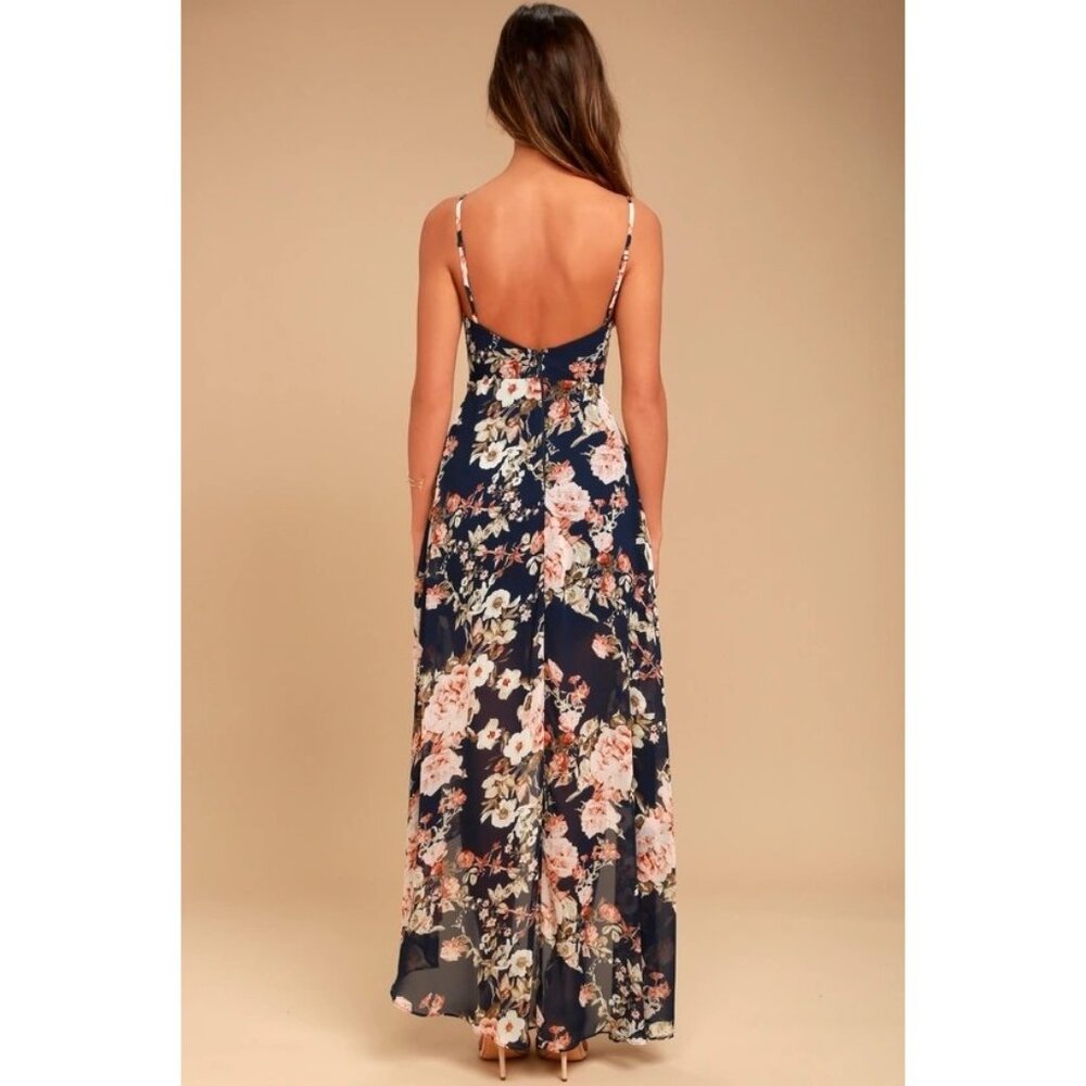 Lulus Womens Hi-Low Maxi Dress Floral Print Reflection Navy Blue Size Large - Picture 2 of 10